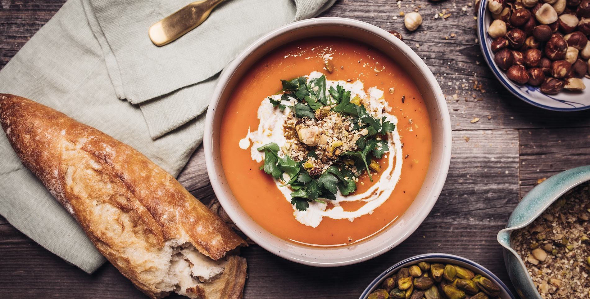 Roasted Carrot Soup with Spiced Hazelnuts